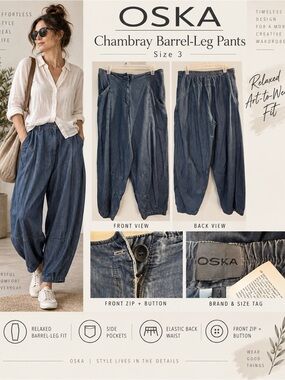 OSKA Chambray Barrel-Leg Pants in Blue - Size 3